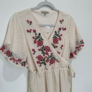 Cream High Low Wrap Embroidered Dress